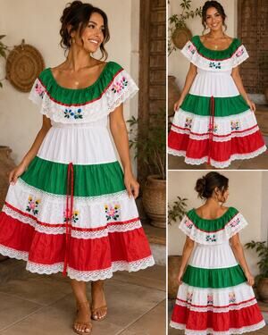 Women’s Mexican Style Fiesta Dress Green Red White Floral Embroidered Lace